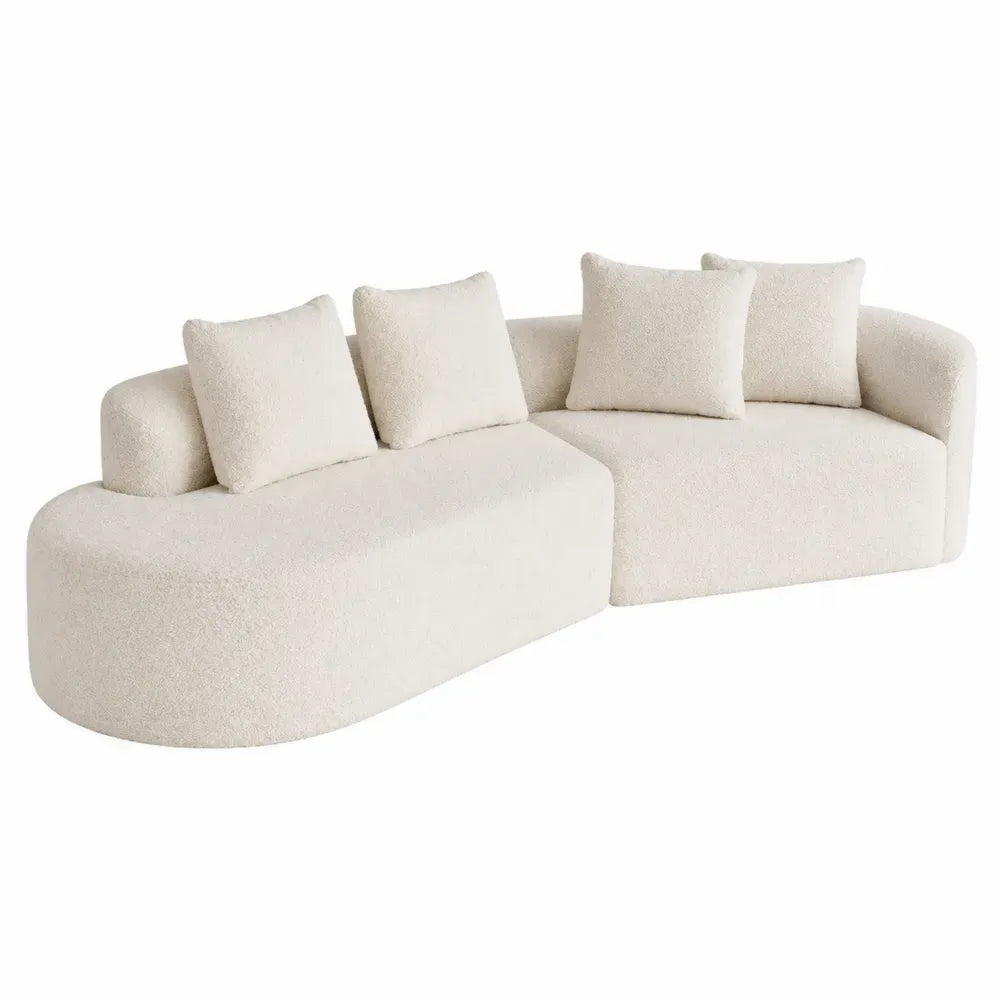 Sofá modular de 4 plazas en dos piezas tapizado en tejido bouclé de poliéster crema con forma curva 72 cm alto 240 cm ancho 160 cm fondo