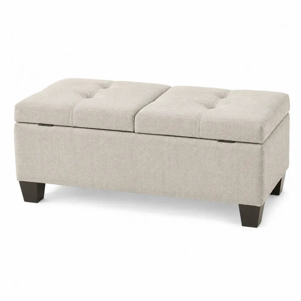reposapiés con almacenaje tapizado tejido poliéster color beige estructura de madera con tapa acolchada 90 cm largo 45 cm ancho 45 cm alto