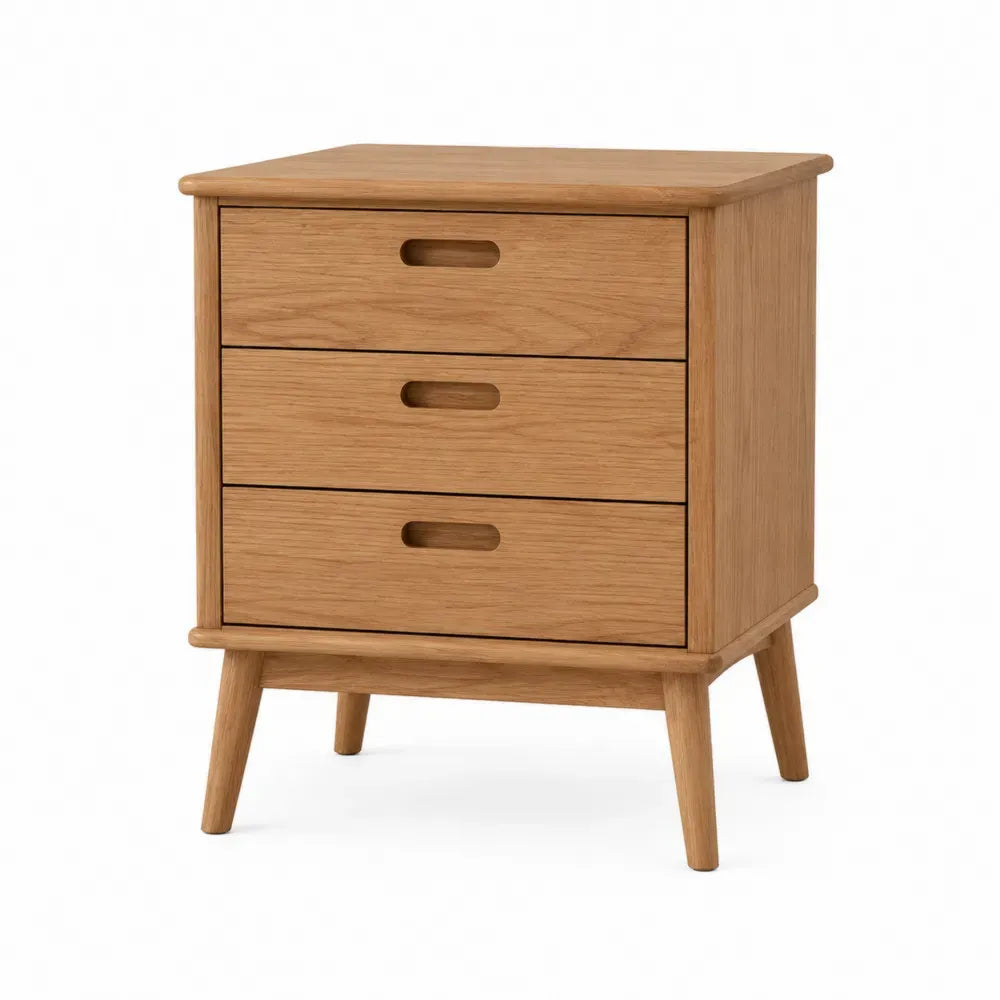 Mesita de noche rectangular de MDF chapado en roble natural con 3 cajones 50 x 40 x 60 cm