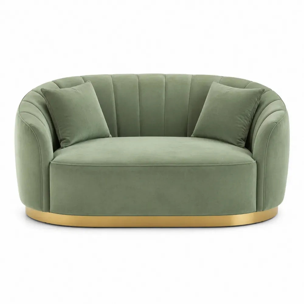 Sofá curvo de 2 plazas tapizado en terciopelo de poliéster verde con base metálica dorada 75 cm alto 180 cm ancho 85 cm fondo