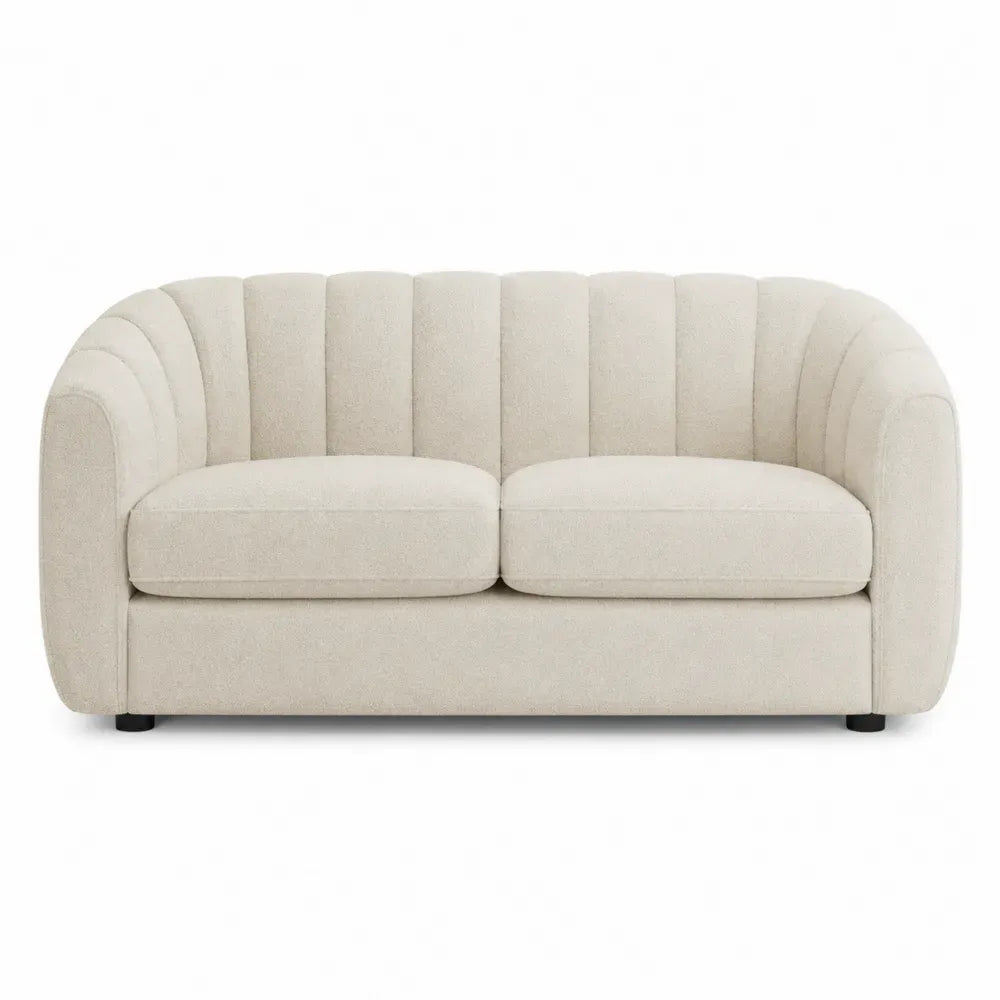 sofá de 2 plazas tapizado tejido poliéster color beige estructura de madera maciza y contrachapado patas de plástico negro 170 cm ancho 85 cm fondo 78 cm alto