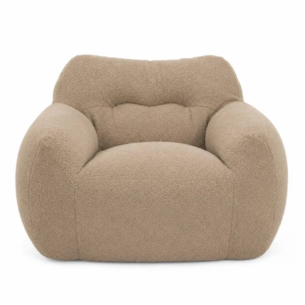 sillón butaca tipo puf tapizado tejido bouclé poliéster beige forma redondeada 85 cm ancho 80 cm profundidad 78 cm alto