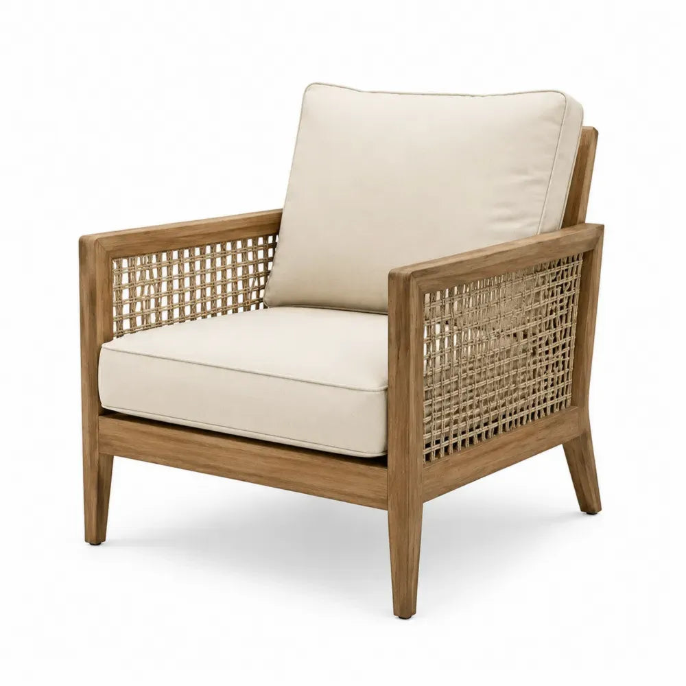 Silla de exterior rectangular con reposabrazos de madera maciza de acacia natural cuerda trenzada beige y cojines beige de 75 x 80 x 85 cm