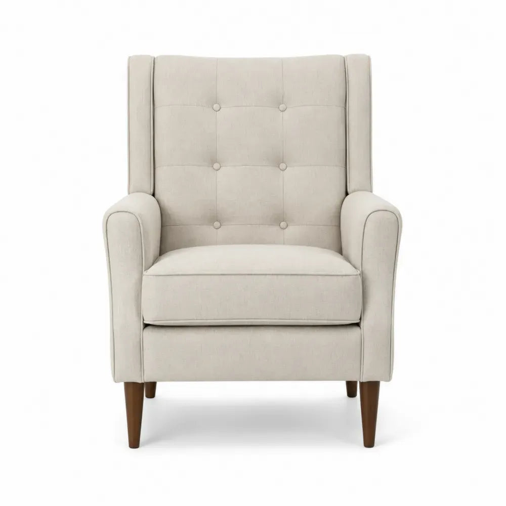 sillón tapizado respaldo alto con capitoné tejido poliéster beige claro patas madera maciza altura 100 cm ancho 72 cm profundidad 78 cm