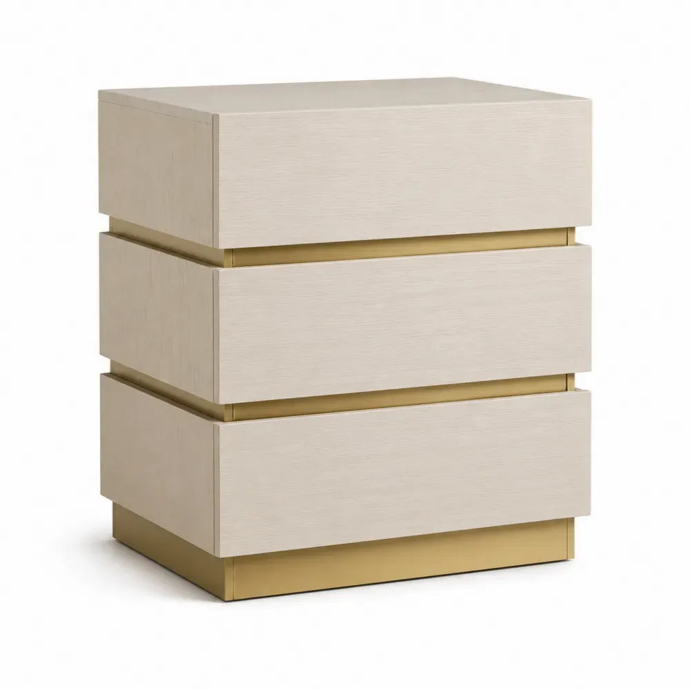 Mesita de noche de 3 cajones MDF acabado melamina color beige base metálica dorada estilo moderno