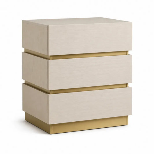 Mesita de noche de 3 cajones MDF acabado melamina color beige base metálica dorada estilo moderno