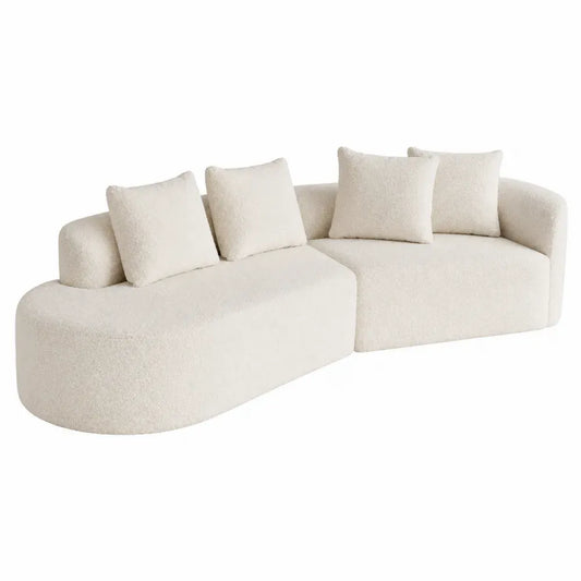 Sofá modular de 4 plazas en dos piezas tapizado en tejido bouclé de poliéster crema con forma curva 72 cm alto 240 cm ancho 160 cm fondo