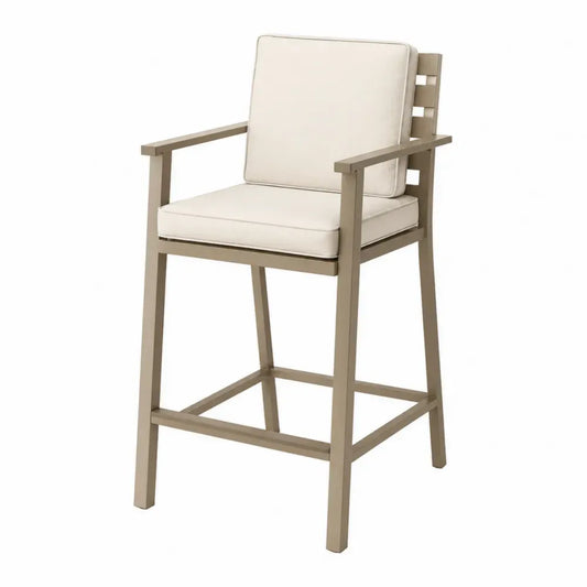 silla alta de exterior tipo bar con cojín tapizado estructura de aluminio color beige asiento acolchado 65 cm altura de asiento