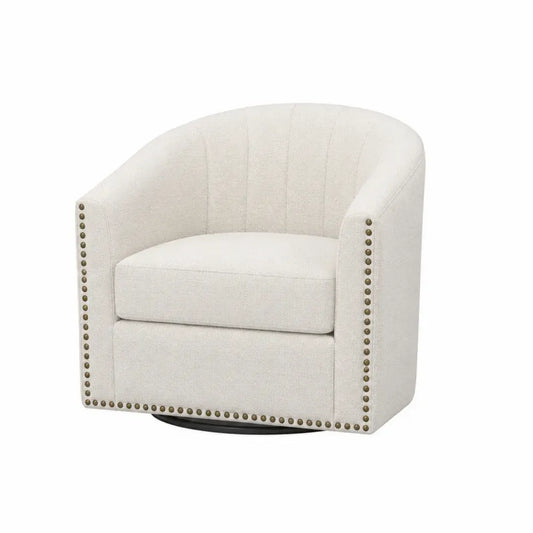 silla giratoria tapizada tejido poliéster beige con base metálica negra y tachuelas decorativas 82 cm ancho 80 cm profundidad 78 cm alto