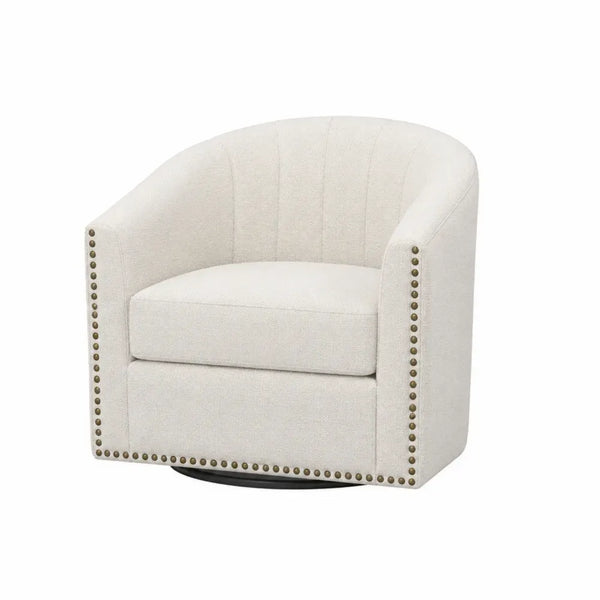 silla giratoria tapizada tejido poliéster beige con base metálica negra y tachuelas decorativas 82 cm ancho 80 cm profundidad 78 cm alto