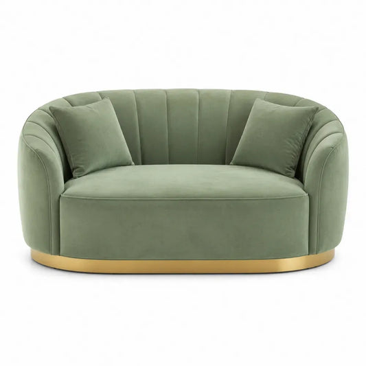 Sofá curvo de 2 plazas tapizado en terciopelo de poliéster verde con base metálica dorada 75 cm alto 180 cm ancho 85 cm fondo