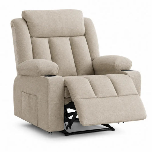 Sillón reclinable de salón tapizado en tejido beige con reposapiés extensible y portavasos en reposabrazos diseño moderno