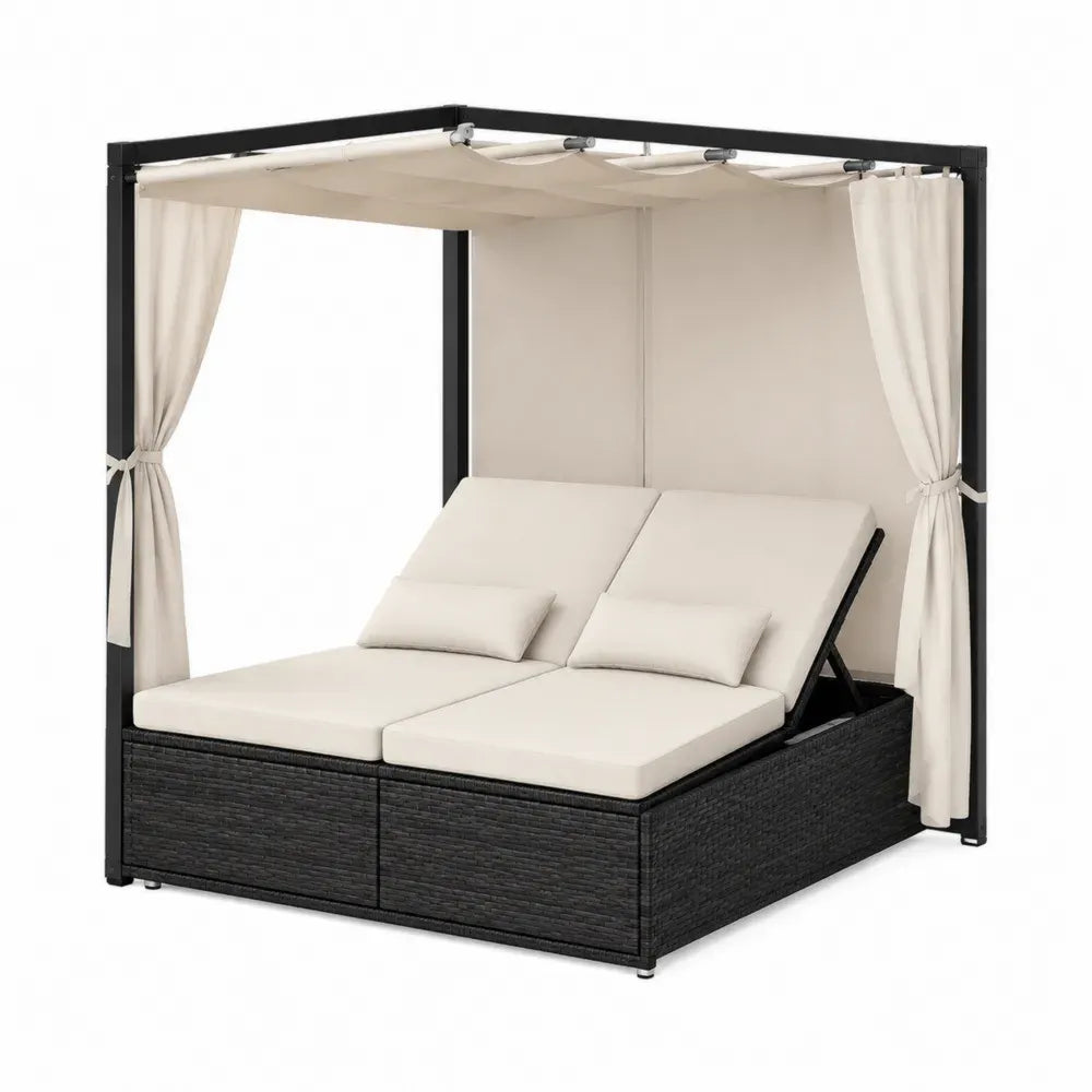 cama de exterior tipo daybed con dosel y cortinas ratán sintético PE estructura de acero cojines poliéster color beige 200 cm largo 180 cm ancho 200 cm alto