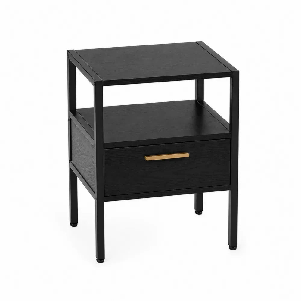 mesita de noche 45 x 35 x 55 cm estructura de acero al carbono negro tablero MDF acabado madera negra con cajón y estante abierto