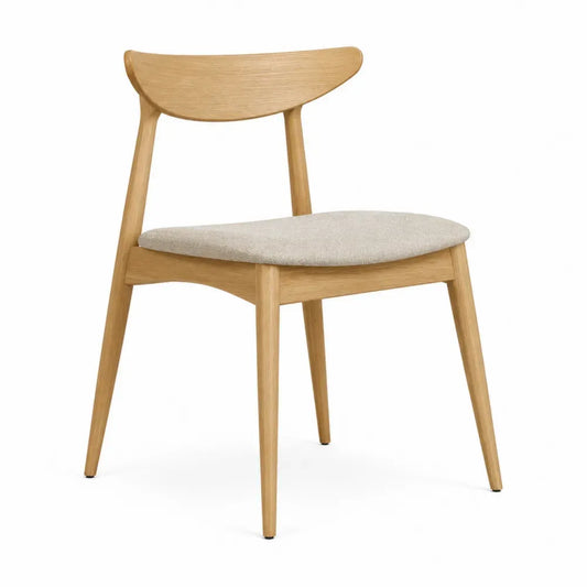 Silla de comedor 82 cm madera maciza de caucho asiento tapizado beige respaldo curvo madera natural diseño moderno