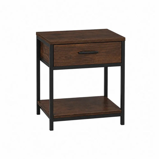 Mesita de noche rectangular de MDF nogal oscuro y acero negro con 1 cajón 45 x 40 x 55 cm