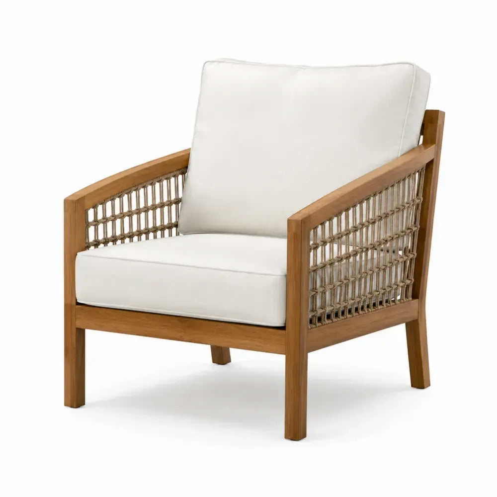 Sillón de exterior con estructura rectangular de madera maciza de acacia natural cuerda trenzada beige y cojines beige de 75 x 80 x 85 cm