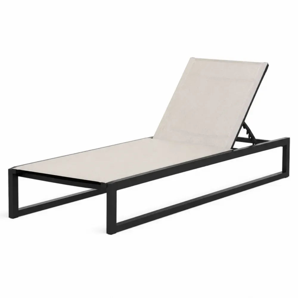 Tumbona reclinable de exterior de aluminio negro con cojín beige 200 cm largo 70 cm ancho 85 cm alto