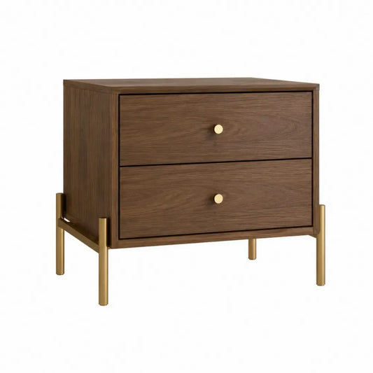 Mesita de noche de 2 cajones madera nogal MDF con patas metálicas doradas 60 x 40 x 50 cm estilo moderno