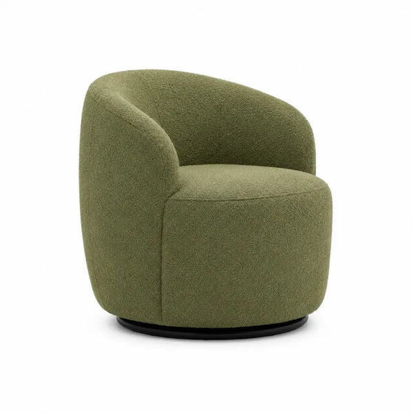 Silla butaca giratoria redondeada tapizada en tejido bouclé de poliéster verde oliva con base metálica negra 78 cm alto 72 cm ancho 70 cm fondo