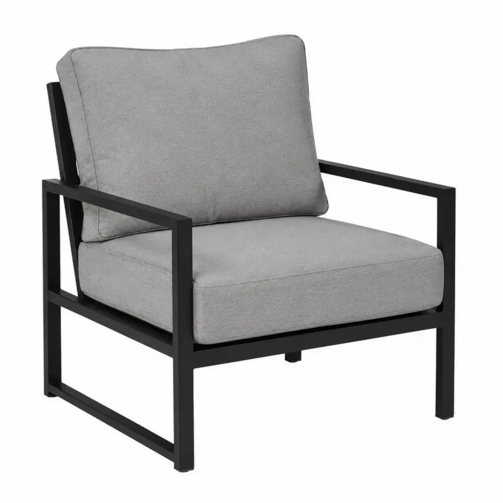 silla de exterior con cojín tapizado tejido poliéster gris estructura de acero negro 70 cm ancho 75 cm fondo 85 cm alto
