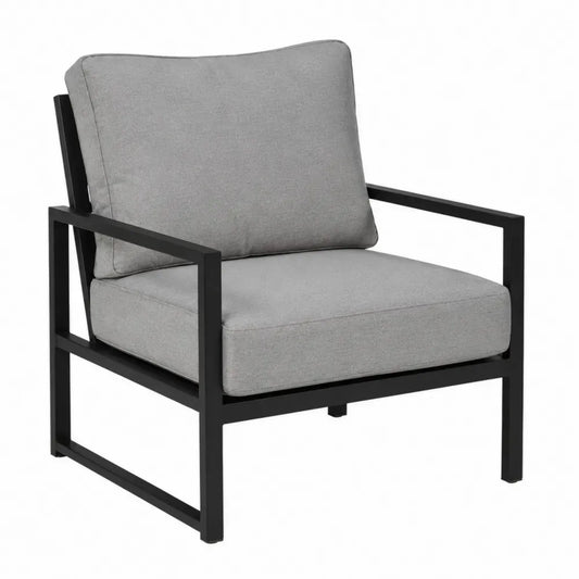 silla de exterior con cojín tapizado tejido poliéster gris estructura de acero negro 70 cm ancho 75 cm fondo 85 cm alto