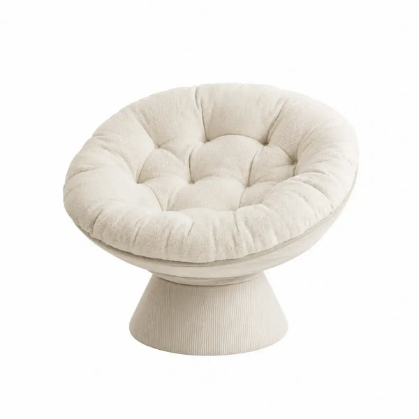 Silla butaca giratoria redonda tapizada en tejido bouclé de poliéster crema con base pedestal 75 cm alto 80 cm ancho 78 cm fondo