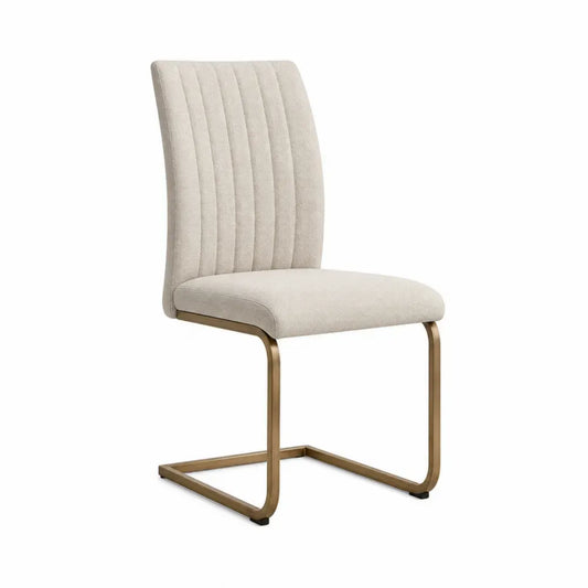 silla de comedor tapizada beige 50 x 58 x 85 cm estructura metálica dorada tipo patín diseño moderno