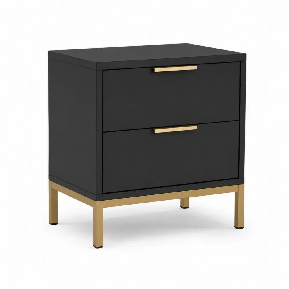 Mesita de noche 50 x 40 x 55 cm 2 cajones MDF negro dorado patas metálicas estilo moderno