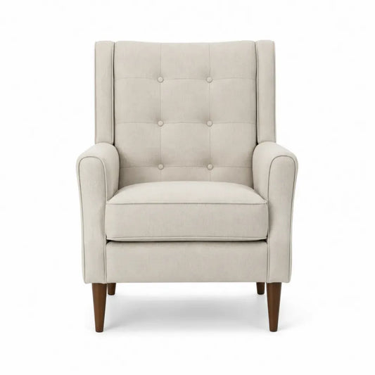 sillón tapizado respaldo alto con capitoné tejido poliéster beige claro patas madera maciza altura 100 cm ancho 72 cm profundidad 78 cm