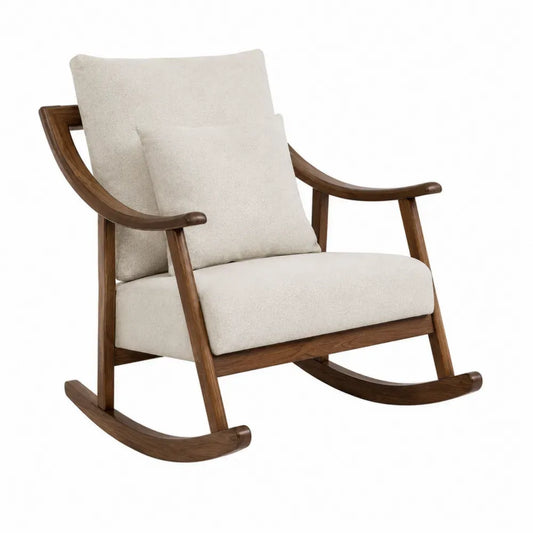 Silla mecedora individual tapizada en tela de poliéster beige con estructura de madera maciza de caucho y cojín lumbar 88 cm alto 72 cm ancho 85 cm fondo