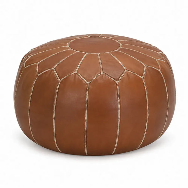 reposapiés redondo tapizado en cuero sintético PU marrón con costuras decorativas 60 cm diámetro 35 cm alto