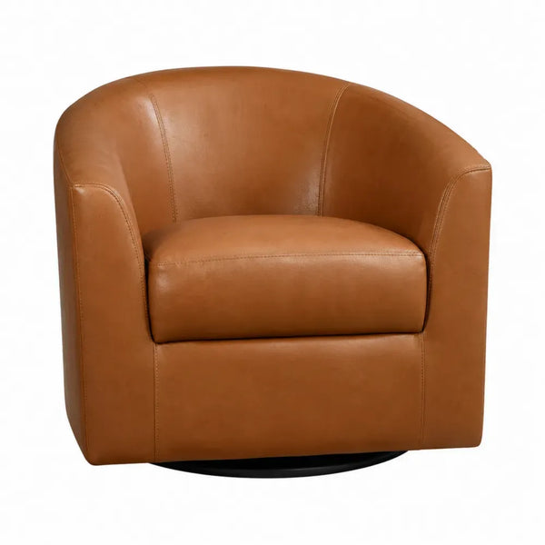 Silla butaca giratoria tapizada en piel sintética PU marrón caramelo con base redonda negra 78 cm alto 80 cm ancho 75 cm fondo