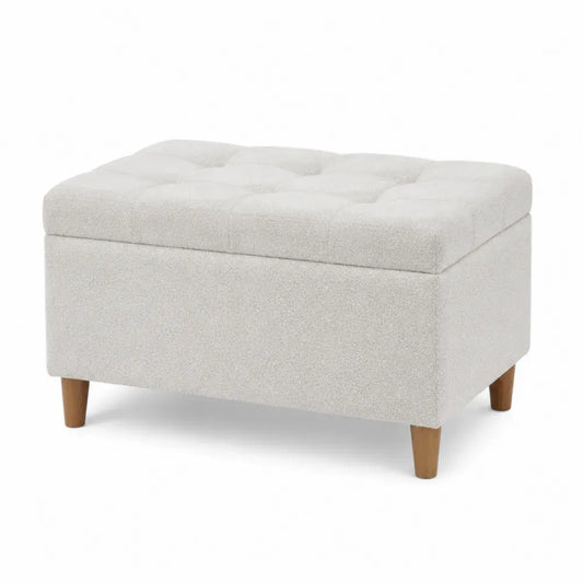 reposapiés con almacenaje tapizado tejido poliéster color beige con tapa acolchada diseño rectangular 90 cm largo 45 cm ancho 45 cm alto patas de madera