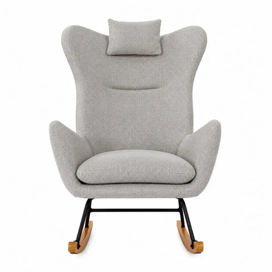 silla mecedora tapizada tejido poliéster gris respaldo alto con cojín estructura de acero negro y madera patas curvas altura 90 cm ancho 75 cm profundidad 95 cm