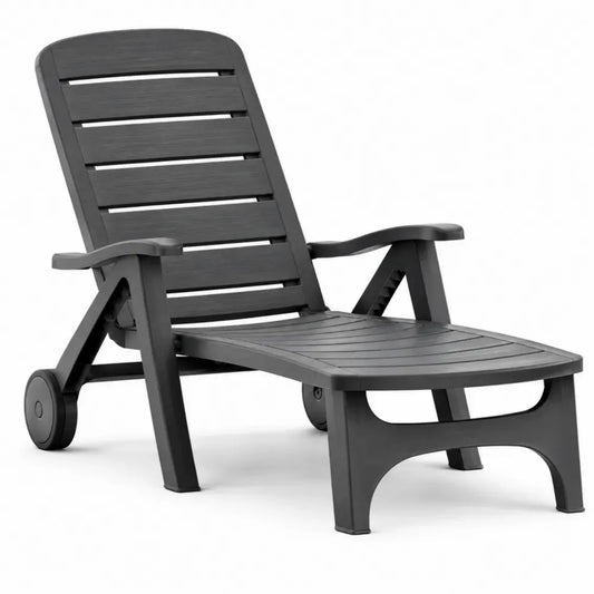 Tumbona de exterior reclinable rectangular de PP gris oscuro con ruedas y reposabrazos de 195 x 65 x 30-90 cm