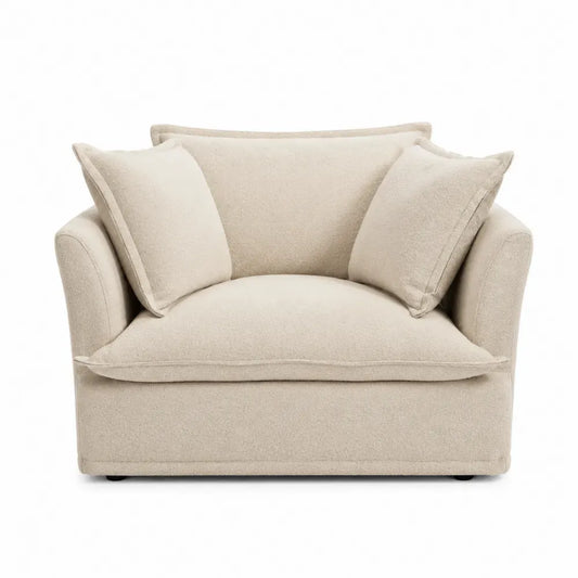 sillón individual tapizado tejido bouclé poliéster beige claro estructura madera maciza 110 cm ancho 95 cm fondo 85 cm alto
