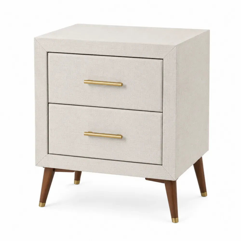 Mesita de noche rectangular tapizada en poliéster beige con 2 cajones y patas de madera 45 x 40 x 55 cm